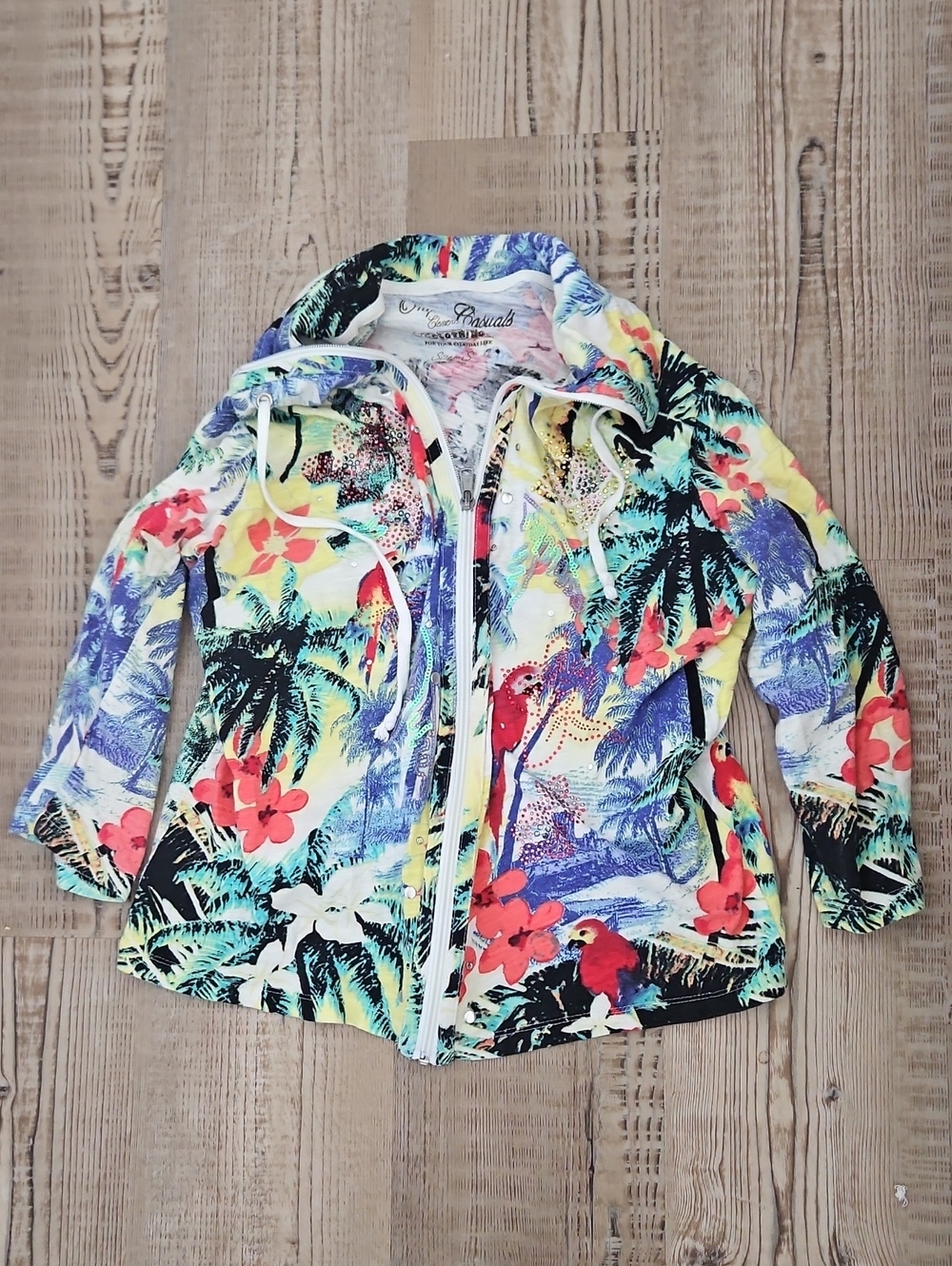 Tropical Parrot Print Hooded Jacket - Multicolor